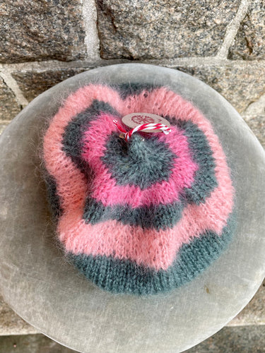 Mohair Beret, E.L. Design - Striped Grey, Light Pink And Pink