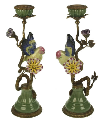 Candleholder Porcelain Brass Birds Multi Color