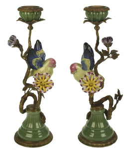 Candleholder Porcelain Brass Birds Multi Color