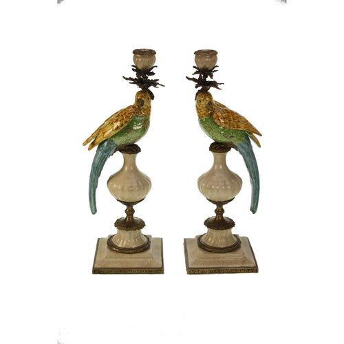 Pair of Candleholder Parrots Brass Multi
