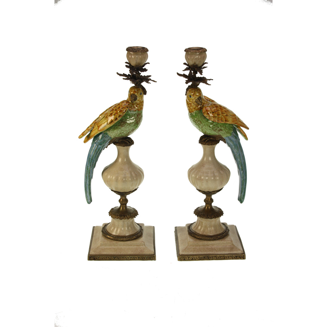 Pair of Candleholder Parrots Brass Multi