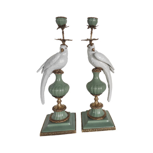 Pair of Candleholder Parrots Brass/Green