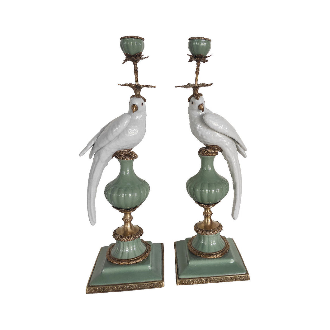 Pair of Candleholder Parrots Brass/Green