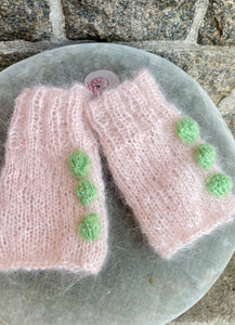 Mohair Wrist Warmers, E.L. Design - Very Light Pink W. Green Details