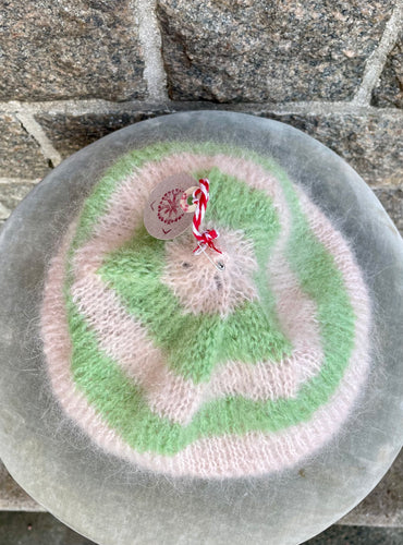 Mohair Beret, E.L. Design - Striped Very Light Pink And Green