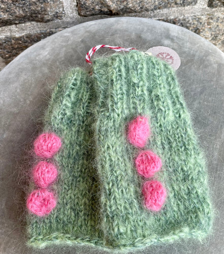 Mohair Wrist Warmers, E.L. Design - Different Green W. Pink Details