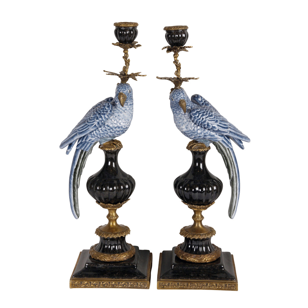 Pair of Candleholder Parrots-Brass/Blue