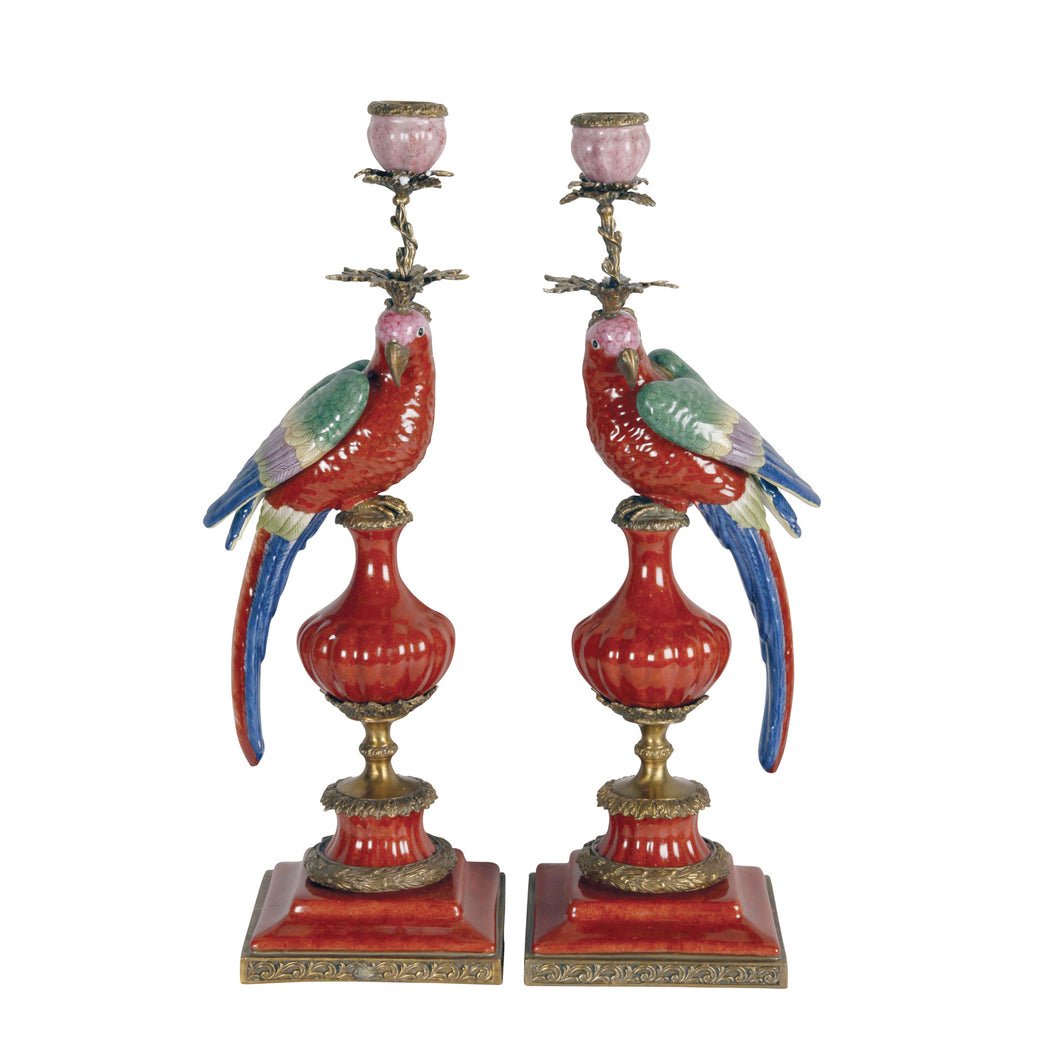 Pair of Candleholder Parrots English Red