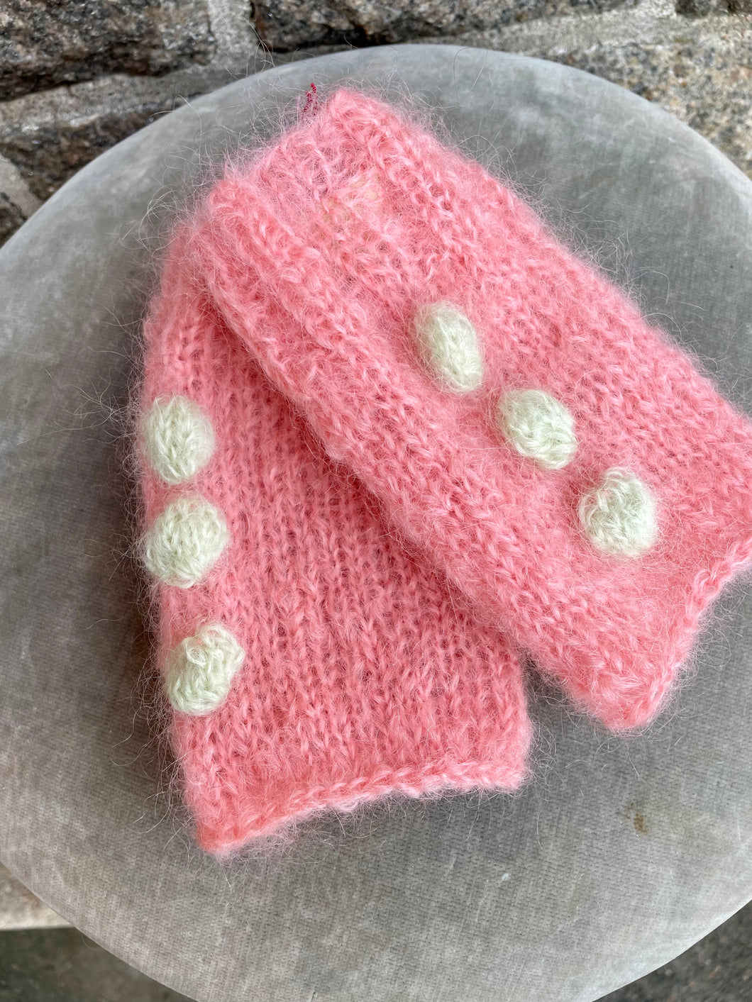 Mohair Wrist Warmers, E.L. Design - Pink W. Pastel Green Details