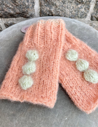 Mohair Wrist Warmers, E.L. Design - Apricot Colored W. Pastel Green Details