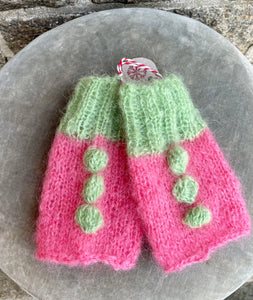 Mohair Wrist Warmers, E.L. Design -  Pink W. Green Details