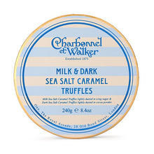 Ladda bild till bildvisaren Milk &amp; Dark Sea Salt Caramel Truffles  Striped Box 240gr NYHET