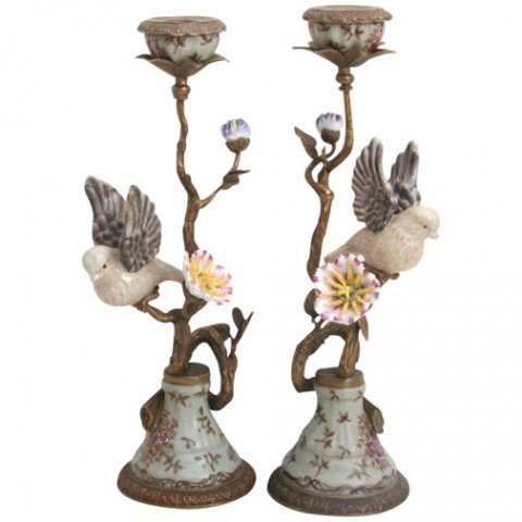 Pair of Candleholder Porcelain Brass Birds