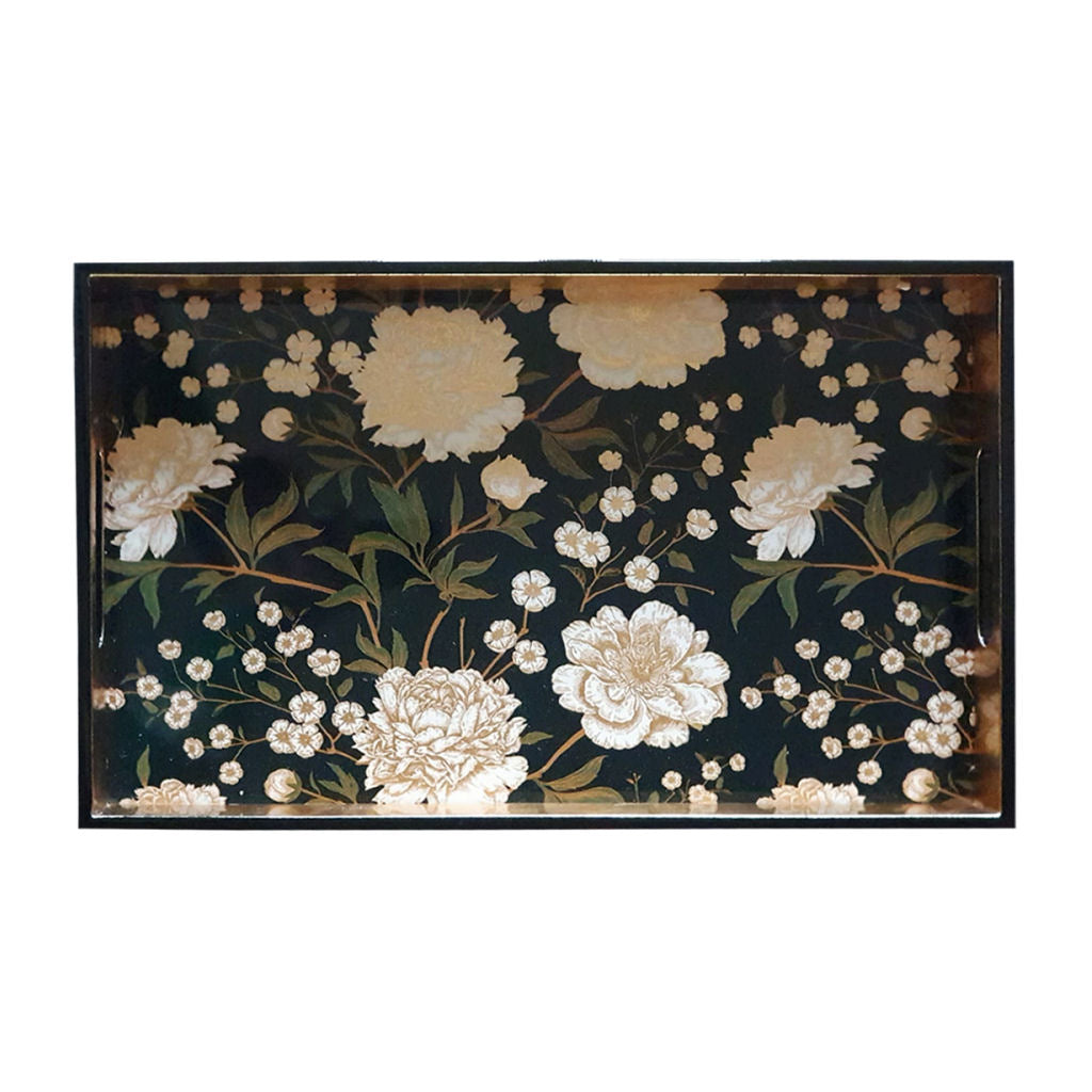 Lacquered Tray Black With Flowers