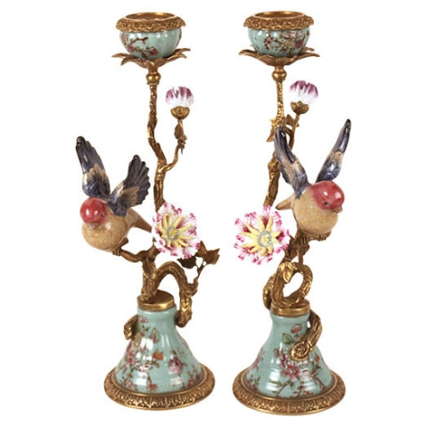 Pair of Candleholder Porcelain Brass Birds Turqouise Flower Pattern